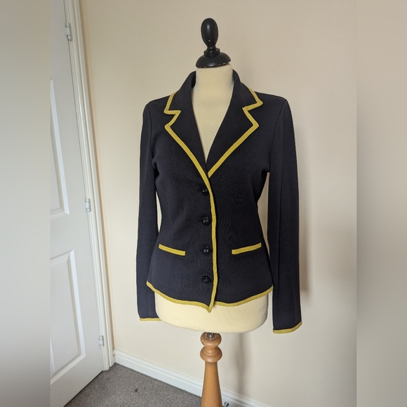 Laura Ashley Navy Mustard Blazer 100% Cotton Size 12 - Picture 2 of 11